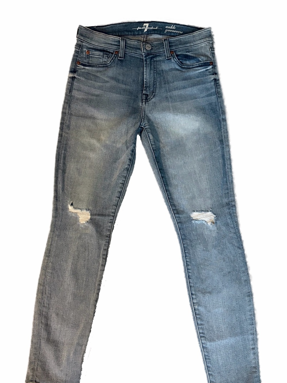 7 For All Mankind Women's Straight Leg Jeans in Light Blue with Distressing